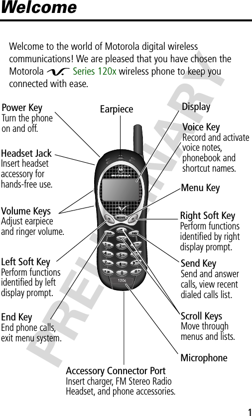  1 PRELIMINARY Welcome Welcome to the world of Motorola digital wireless communications! We are pleased that you have chosen the Motorola  V  Series 120x wireless phone to keep you connected with ease.Power KeyTurn the phoneon and off.DisplayHeadset JackInsert headset accessory for hands-free use.Volume KeysAdjust earpieceand ringer volume.End KeyEnd phone calls,exit menu system.Left Soft KeyPerform functions identiﬁed by left display prompt.EarpieceMenu KeyVoice KeyRecord and activate voice notes, phonebook and shortcut names.Right Soft KeyPerform functions identiﬁed by right display prompt.Scroll KeysMove throughmenus and lists.Send KeySend and answer calls, view recent dialed calls list.Accessory Connector PortInsert charger, FM Stereo Radio Headset, and phone accessories.Microphone