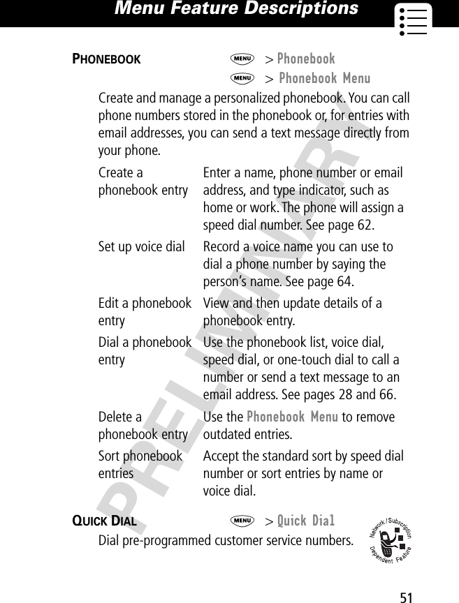 51Menu Feature Descriptions PRELIMINARYPHONEBOOK  M&gt; PhonebookM&gt; Phonebook MenuCreate and manage a personalized phonebook. You can call phone numbers stored in the phonebook or, for entries with email addresses, you can send a text message directly from your phone.QUICK DIAL  M&gt; Quick DialDial pre-programmed customer service numbers.Create a phonebook entryEnter a name, phone number or email address, and type indicator, such as home or work. The phone will assign a speed dial number. See page 62.Set up voice dial  Record a voice name you can use to dial a phone number by saying the person’s name. See page 64.Edit a phonebook entryView and then update details of a phonebook entry.Dial a phonebook entryUse the phonebook list, voice dial, speed dial, or one-touch dial to call a number or send a text message to an email address. See pages 28 and 66.Delete a phonebook entryUse the Phonebook Menu to remove outdated entries.Sort phonebook entriesAccept the standard sort by speed dial number or sort entries by name or voice dial.