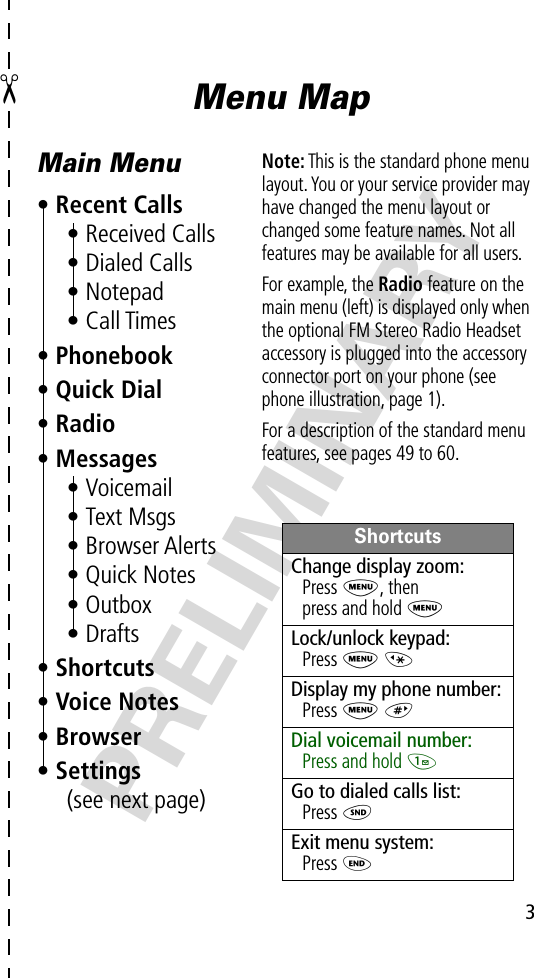  ✂ 3 PRELIMINARY Menu MapMain Menu• Recent Calls• Received Calls• Dialed Calls• Notepad• Call Times• Phonebook• Quick Dial• Radio• Messages• Voicemail• Text Msgs• Browser Alerts• Quick Notes• Outbox• Drafts• Shortcuts• Voice Notes• Browser• Settings(see next page)Note: This is the standard phone menu layout. You or your service provider may have changed the menu layout or changed some feature names. Not all features may be available for all users.For example, the Radio feature on the main menu (left) is displayed only when the optional FM Stereo Radio Headset accessory is plugged into the accessory connector port on your phone (see phone illustration, page 1).For a description of the standard menu features, see pages 49 to 60.ShortcutsChange display zoom:Press M, thenpress and hold MLock/unlock keypad:Press M *Display my phone number:Press M #Dial voicemail number:Press and hold 1Go to dialed calls list:Press NExit menu system:Press O