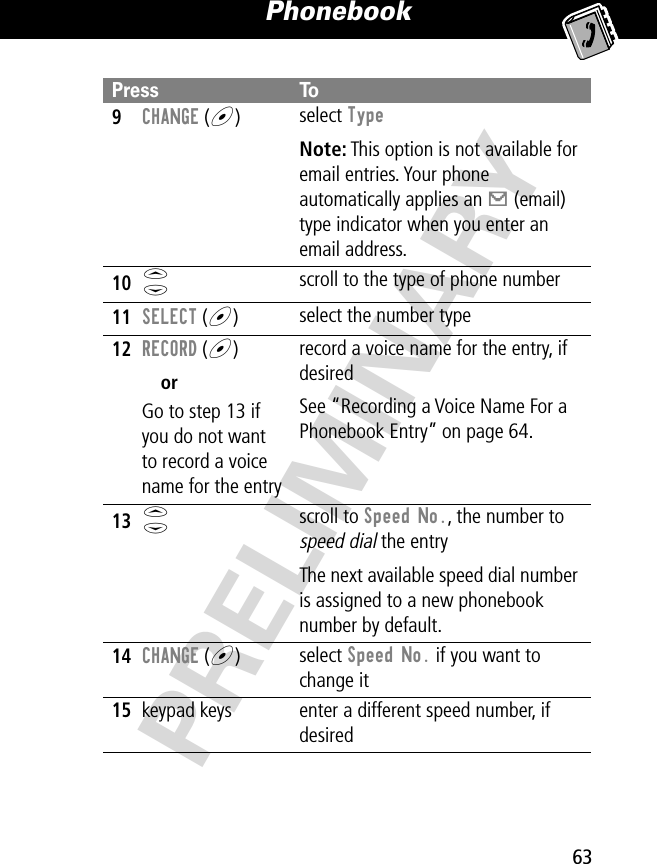 63Phonebook PRELIMINARY9CHANGE (+)select Type Note: This option is not available for email entries. Your phone automatically applies an [ (email) type indicator when you enter an email address.10S scroll to the type of phone number11SELECT (+)select the number type12RECORD (+)orGo to step 13 if you do not want to record a voice name for the entryrecord a voice name for the entry, if desiredSee “Recording a Voice Name For a Phonebook Entry” on page 64.13S scroll to Speed No., the number to speed dial the entryThe next available speed dial number is assigned to a new phonebook number by default.14CHANGE (+)select Speed No. if you want to change it15keypad keys enter a different speed number, if desiredPress To