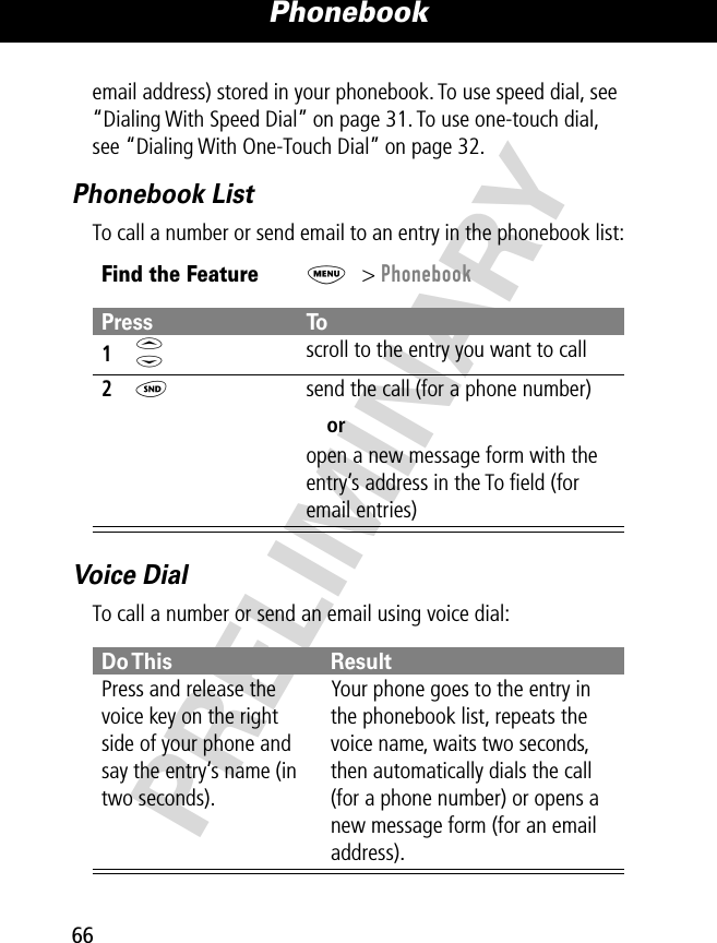 Phonebook66PRELIMINARYemail address) stored in your phonebook. To use speed dial, see “Dialing With Speed Dial” on page 31. To use one-touch dial, see “Dialing With One-Touch Dial” on page 32.Phonebook ListTo call a number or send email to an entry in the phonebook list:Voice DialTo call a number or send an email using voice dial:Find the FeatureM&gt; PhonebookPress To1S scroll to the entry you want to call2N  send the call (for a phone number)oropen a new message form with the entry’s address in the To ﬁeld (for email entries)Do This ResultPress and release the voice key on the right side of your phone and say the entry’s name (in two seconds).Your phone goes to the entry in the phonebook list, repeats the voice name, waits two seconds, then automatically dials the call (for a phone number) or opens a new message form (for an email address).