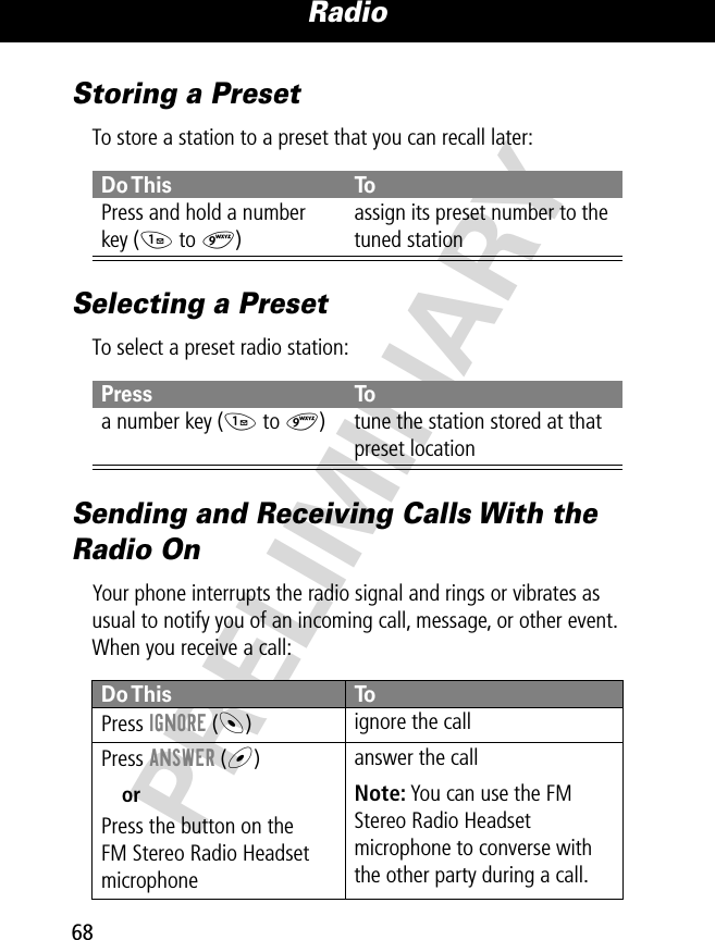 Radio68PRELIMINARYStoring a PresetTo store a station to a preset that you can recall later:Selecting a PresetTo select a preset radio station:Sending and Receiving Calls With the Radio OnYour phone interrupts the radio signal and rings or vibrates as usual to notify you of an incoming call, message, or other event. When you receive a call:Do This ToPress and hold a numberkey (1 to 9)assign its preset number to the tuned stationPress Toa number key (1 to 9) tune the station stored at that preset locationDo This ToPress  IGNORE (-)ignore the callPress ANSWER (+)orPress the button on theFM Stereo Radio Headset microphoneanswer the callNote: You can use the FM Stereo Radio Headset microphone to converse with the other party during a call.