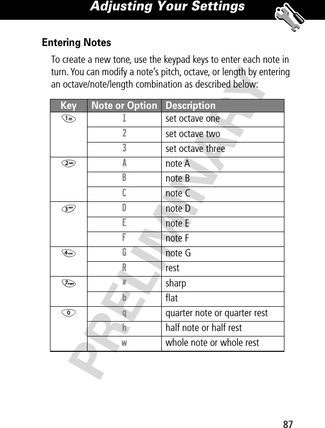 87Adjusting Your Settings PRELIMINARYEntering NotesTo create a new tone, use the keypad keys to enter each note in turn. You can modify a note’s pitch, octave, or length by entering an octave/note/length combination as described below:Key Note or Option Description1 1  set octave one2  set octave two3  set octave three2 A  note AB  note BC  note C3 D  note DE  note EF  note F4 G  note GR  rest7 #  sharpb  ﬂat0 q  quarter note or quarter resth  half note or half restw  whole note or whole rest