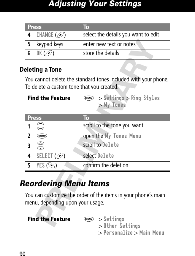 Adjusting Your Settings90PRELIMINARYDeleting a ToneYou cannot delete the standard tones included with your phone. To delete a custom tone that you created:Reordering Menu ItemsYou can customize the order of the items in your phone’s main menu, depending upon your usage.4CHANGE (+)select the details you want to edit5keypad keys enter new text or notes6OK (+)store the detailsFind the FeatureM&gt; Settings &gt; Ring Styles&gt; My TonesPress To1S scroll to the tone you want2M open the My Tones Menu3S scroll to Delete4SELECT (+)select Delete5YES (-)conﬁrm the deletionFind the FeatureM&gt; Settings&gt; Other Settings&gt; Personalize &gt; Main MenuPress To