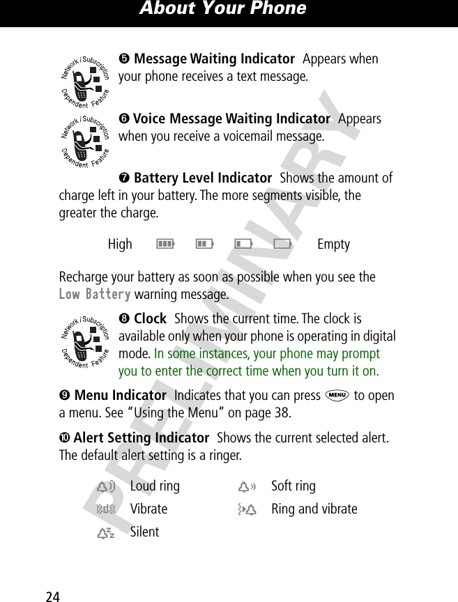 About Your Phone24PRELIMINARY➎ Message Waiting Indicator  Appears when your phone receives a text message.➏ Voice Message Waiting Indicator  Appears when you receive a voicemail message.➐ Battery Level Indicator  Shows the amount of charge left in your battery. The more segments visible, the greater the charge.Recharge your battery as soon as possible when you see the Low Battery warning message.➑ Clock  Shows the current time. The clock is available only when your phone is operating in digital mode. In some instances, your phone may prompt you to enter the correct time when you turn it on.➒ Menu Indicator  Indicates that you can press M to open a menu. See “Using the Menu” on page 38.➓ Alert Setting Indicator  Shows the current selected alert. The default alert setting is a ringer.High  E D C B Emptyw Loud ring x Soft ringy Vibrate u Ring and vibratet Silent  