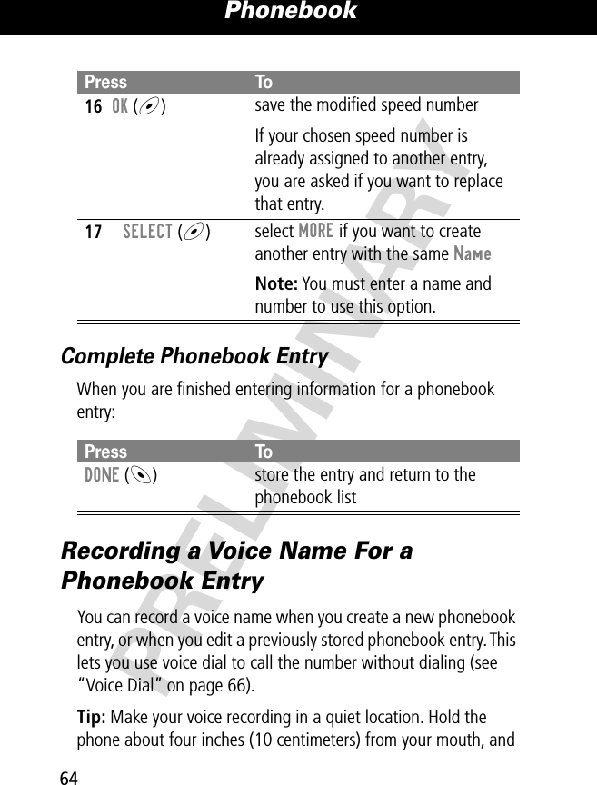 Phonebook64PRELIMINARYComplete Phonebook EntryWhen you are ﬁnished entering information for a phonebook entry:Recording a Voice Name For a Phonebook EntryYou can record a voice name when you create a new phonebook entry, or when you edit a previously stored phonebook entry. This lets you use voice dial to call the number without dialing (see “Voice Dial” on page 66).Tip: Make your voice recording in a quiet location. Hold the phone about four inches (10 centimeters) from your mouth, and 16OK (+)save the modiﬁed speed numberIf your chosen speed number is already assigned to another entry, you are asked if you want to replace that entry.17SELECT (+)select MORE if you want to create another entry with the same NameNote: You must enter a name and number to use this option.Press ToDONE (-)store the entry and return to the phonebook listPress To