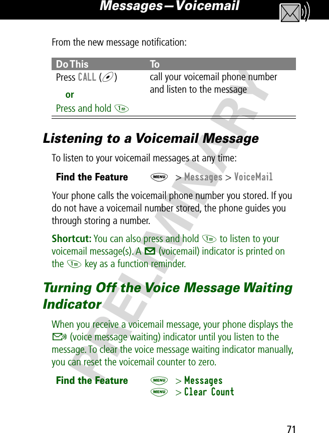 71Messages—Voicemail PRELIMINARYFrom the new message notiﬁcation:Listening to a Voicemail MessageTo listen to your voicemail messages at any time:Your phone calls the voicemail phone number you stored. If you do not have a voicemail number stored, the phone guides you through storing a number.Shortcut: You can also press and hold 1 to listen to your voicemail message(s). A = (voicemail) indicator is printed on the 1 key as a function reminder.Turning Off the Voice Message Waiting IndicatorWhen you receive a voicemail message, your phone displays the &amp; (voice message waiting) indicator until you listen to the message. To clear the voice message waiting indicator manually, you can reset the voicemail counter to zero.Do This ToPress  CALL (+)orPress and hold 1call your voicemail phone number and listen to the messageFind the FeatureM&gt; Messages &gt; VoiceMailFind the FeatureM&gt; MessagesM&gt; Clear Count