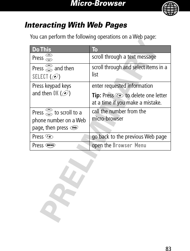 83Micro-Browser PRELIMINARYInteracting With Web PagesYou can perform the following operations on a Web page:Do This ToPress  Sscroll through a text messagePress S and then SELECT (+)scroll through and select items in a listPress keypad keysand then OK (+)enter requested informationTip: Press * to delete one letter at a time if you make a mistake.Press S to scroll to a phone number on a Web page, then press Ncall the number from the micro-browserPress *go back to the previous Web pagePress M open the Browser Menu 