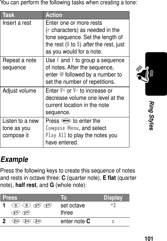 101Ring StylesYou can perform the following tasks when creating a tone:ExamplePress the following keys to create this sequence of notes and rests in octave three: C (quarter note), E ﬂat (quarter note), half rest, and G (whole note):Task ActionInsert a rest Enter one or more rests (r characters) as needed in the tone sequence. Set the length of the rest (0 to 5) after the rest, just as you would for a note.Repeat a note sequence Use ( and ) to group a sequence of notes. After the sequence, enter @ followed by a number to set the number of repetitions.Adjust volume Enter V+ or V- to increase or decrease volume one level at the current location in the note sequence.Listen to a new tone as you compose itPress M to enter the Compose Menu, and select Play All to play the notes you have entered.Press To Display10 0 3 3 3 3set octave three*3 22 2 2enter note Cc 