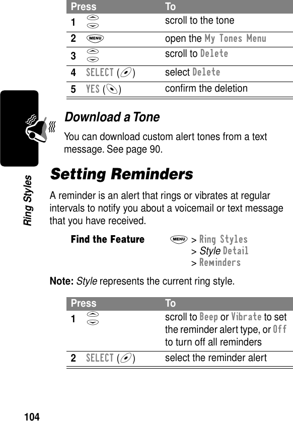 104Ring StylesDownload a ToneYou can download custom alert tones from a text message. See page 90.Setting RemindersA reminder is an alert that rings or vibrates at regular intervals to notify you about a voicemail or text message that you have received.Note: Style represents the current ring style.Press To1S scroll to the tone2M open the My Tones Menu3S scroll to Delete4SELECT (+)select Delete5YES (-)conﬁrm the deletionFind the FeatureM&gt; Ring Styles &gt; Style Detail &gt; RemindersPress To1S scroll to Beep or Vibrate to set the reminder alert type, or Off to turn off all reminders2SELECT (+)select the reminder alert