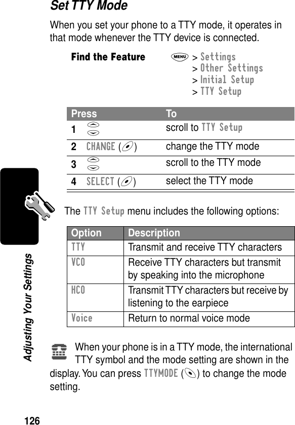 126Adjusting Your SettingsSet TTY ModeWhen you set your phone to a TTY mode, it operates in that mode whenever the TTY device is connected.The TTY Setup menu includes the following options:When your phone is in a TTY mode, the international TTY symbol and the mode setting are shown in the display. You can press TTYMODE (-) to change the mode setting.Find the FeatureM&gt; Settings &gt; Other Settings &gt; Initial Setup &gt; TTY SetupPress To1S scroll to TTY Setup2CHANGE (+)change the TTY mode3S scroll to the TTY mode4SELECT (+)select the TTY modeOption DescriptionTTY  Transmit and receive TTY charactersVCO  Receive TTY characters but transmit by speaking into the microphoneHCO  Transmit TTY characters but receive by listening to the earpieceVoice  Return to normal voice modeù