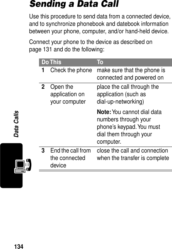 134Data CallsSending a Data CallUse this procedure to send data from a connected device, and to synchronize phonebook and datebook information between your phone, computer, and/or hand-held device.Connect your phone to the device as described on page 131 and do the following:Do This To1Check the phone make sure that the phone is connected and powered on2Open the application on your computerplace the call through the application (such as dial-up-networking)Note: You cannot dial data numbers through your phone’s keypad. You must dial them through your computer.3End the call from the connected deviceclose the call and connection when the transfer is complete