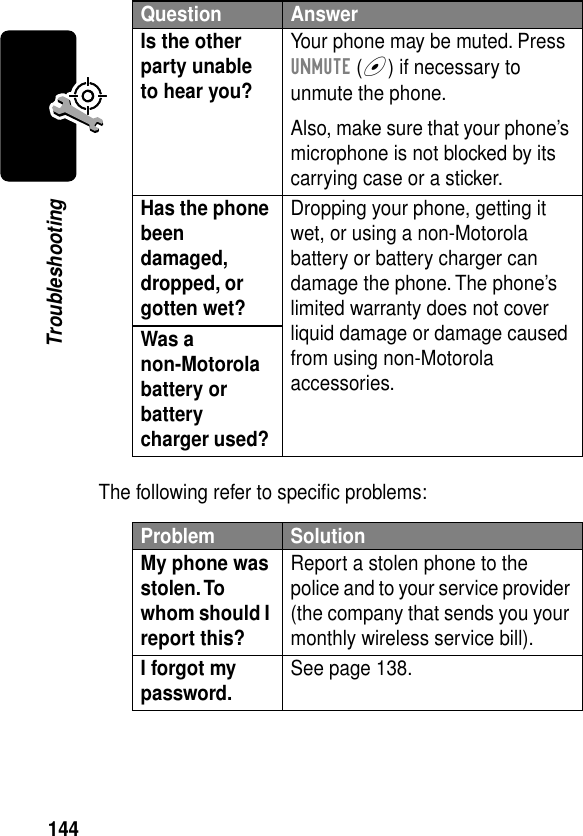 144TroubleshootingThe following refer to speciﬁc problems:Is the other party unable to hear you? Your phone may be muted. Press UNMUTE (+) if necessary to unmute the phone.Also, make sure that your phone’s microphone is not blocked by its carrying case or a sticker.Has the phone been damaged, dropped, or gotten wet? Dropping your phone, getting it wet, or using a non-Motorola battery or battery charger can damage the phone. The phone’s limited warranty does not cover liquid damage or damage caused from using non-Motorola accessories.Was a non-Motorola battery or battery charger used? Problem SolutionMy phone was stolen. To whom should I report this? Report a stolen phone to the police and to your service provider (the company that sends you your monthly wireless service bill).I forgot my password. See page 138.Question Answer