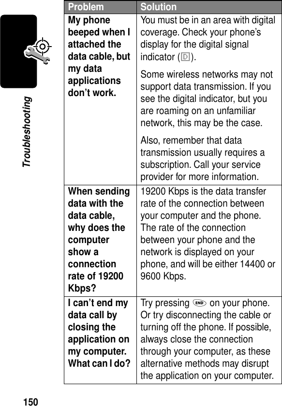 150TroubleshootingMy phone beeped when I attached the data cable, but my data applications don’t work. You must be in an area with digital coverage. Check your phone’s display for the digital signal indicator (F).Some wireless networks may not support data transmission. If you see the digital indicator, but you are roaming on an unfamiliar network, this may be the case.Also, remember that data transmission usually requires a subscription. Call your service provider for more information.When sending data with the data cable, why does the computer show a connection rate of 19200 Kbps? 19200 Kbps is the data transfer rate of the connection between your computer and the phone. The rate of the connection between your phone and the network is displayed on your phone, and will be either 14400 or 9600 Kbps.I can’t end my data call by closing the application on my computer. What can I do? Try pressing O on your phone. Or try disconnecting the cable or turning off the phone. If possible, always close the connection through your computer, as these alternative methods may disrupt the application on your computer.Problem Solution