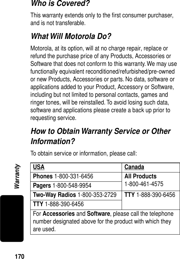 170WarrantyWho is Covered?This warranty extends only to the ﬁrst consumer purchaser, and is not transferable.What Will Motorola Do?Motorola, at its option, will at no charge repair, replace or refund the purchase price of any Products, Accessories or Software that does not conform to this warranty. We may use functionally equivalent reconditioned/refurbished/pre-owned or new Products, Accessories or parts. No data, software or applications added to your Product, Accessory or Software, including but not limited to personal contacts, games and ringer tones, will be reinstalled. To avoid losing such data, software and applications please create a back up prior to requesting service.How to Obtain Warranty Service or Other Information?To obtain service or information, please call:USA Canada Phones 1-800-331-6456  All Products 1-800-461-4575 Pagers 1-800-548-9954 Two-Way Radios 1-800-353-2729  TTY 1-888-390-6456 TTY 1-888-390-6456 For Accessories and Software, please call the telephone number designated above for the product with which they are used.