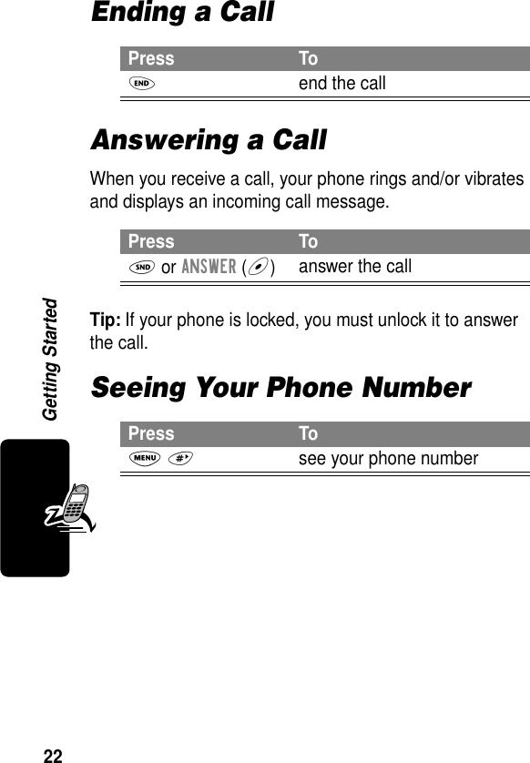 22Getting StartedEnding a CallAnswering a CallWhen you receive a call, your phone rings and/or vibrates and displays an incoming call message.Tip: If your phone is locked, you must unlock it to answer the call.Seeing Your Phone NumberPress ToO  end the callPress ToN or ANSWER (+)answer the callPress ToM #see your phone number