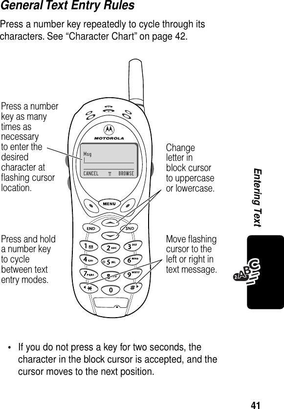 41Entering TextGeneral Text Entry RulesPress a number key repeatedly to cycle through its characters. See “Character Chart” on page 42.•If you do not press a key for two seconds, the character in the block cursor is accepted, and the cursor moves to the next position.Press a numberkey as manytimes asnecessaryto enter thedesiredcharacter atﬂashing cursorlocation.)Msg)))CANCEL)BROWSEChangeletter inblock cursorto uppercaseor lowercase.Press and holda number keyto cyclebetween textentry modes.Move ﬂashingcursor to theleft or right intext message.