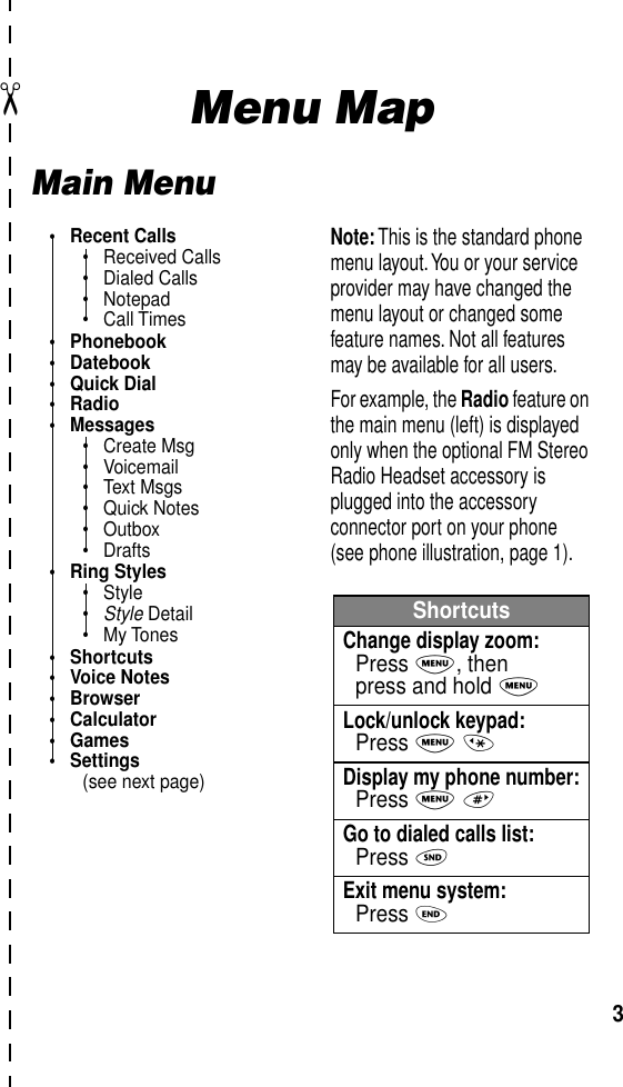  ✂ 3 Menu Map Main Menu• Recent Calls• Received Calls• Dialed Calls• Notepad• Call Times• Phonebook• Datebook• Quick Dial• Radio• Messages• Create Msg• Voicemail• Text Msgs• Quick Notes• Outbox• Drafts• Ring Styles• Style•Style Detail• My Tones• Shortcuts• Voice Notes• Browser• Calculator• Games• Settings(see next page)ShortcutsChange display zoom:Press M, thenpress and hold MLock/unlock keypad:Press M *Display my phone number:Press M #Go to dialed calls list:Press NExit menu system:Press ONote: This is the standard phone menu layout. You or your service provider may have changed the menu layout or changed some feature names. Not all features may be available for all users.For example, the Radio feature on the main menu (left) is displayed only when the optional FM Stereo Radio Headset accessory is plugged into the accessory connector port on your phone (see phone illustration, page 1).