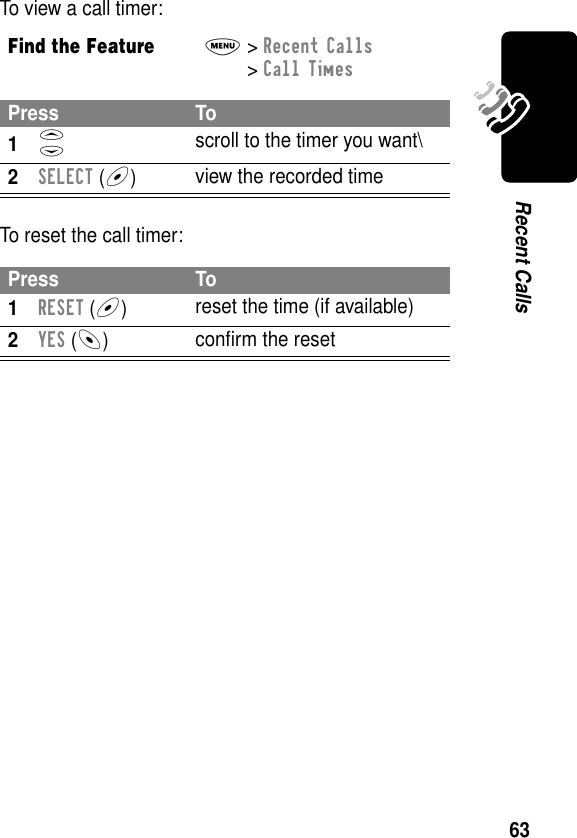 63Recent CallsTo view a call timer:To reset the call timer:Find the FeatureM&gt; Recent Calls &gt; Call TimesPress To1S scroll to the timer you want\2SELECT (+)view the recorded timePress To1RESET (+)reset the time (if available)2YES (-)conﬁrm the reset