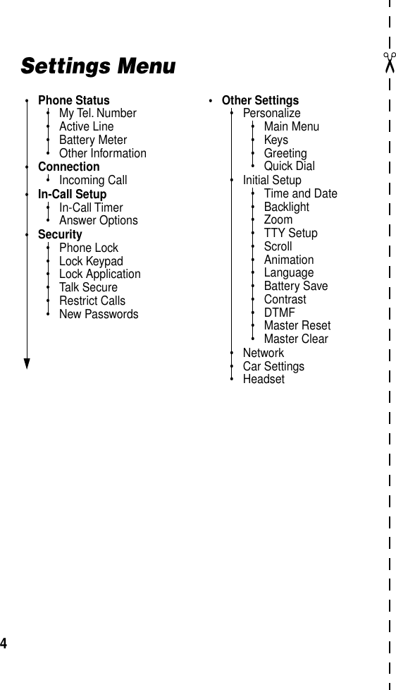  ✂ 4 Settings Menu• Phone Status• My Tel. Number• Active Line• Battery Meter• Other Information• Connection• Incoming Call• In-Call Setup• In-Call Timer• Answer Options• Security• Phone Lock• Lock Keypad• Lock Application• Talk Secure• Restrict Calls• New Passwords• Other Settings• Personalize• Main Menu•Keys• Greeting• Quick Dial• Initial Setup• Time and Date• Backlight• Zoom• TTY Setup• Scroll• Animation• Language• Battery Save• Contrast• DTMF• Master Reset• Master Clear• Network• Car Settings• Headset