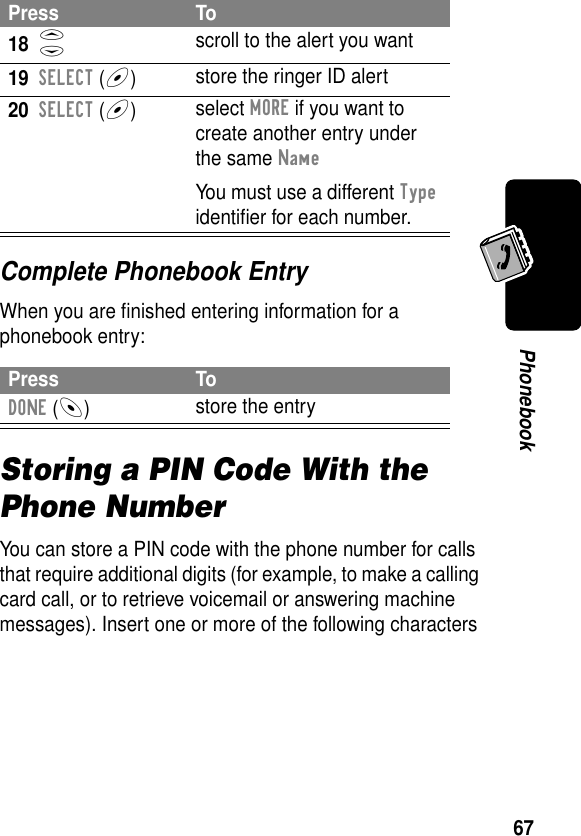 67PhonebookComplete Phonebook EntryWhen you are ﬁnished entering information for a phonebook entry:Storing a PIN Code With the Phone NumberYou can store a PIN code with the phone number for calls that require additional digits (for example, to make a calling card call, or to retrieve voicemail or answering machine messages). Insert one or more of the following characters 18S scroll to the alert you want19SELECT (+)store the ringer ID alert20SELECT (+)select MORE if you want to create another entry under the same NameYou must use a different Type identiﬁer for each number.Press ToDONE (-)store the entryPress To