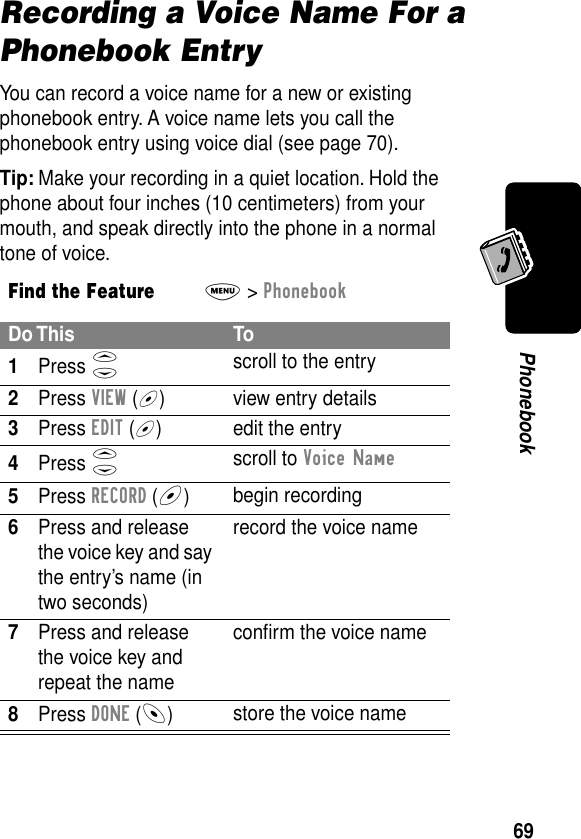 69PhonebookRecording a Voice Name For a Phonebook EntryYou can record a voice name for a new or existing phonebook entry. A voice name lets you call the phonebook entry using voice dial (see page 70).Tip: Make your recording in a quiet location. Hold the phone about four inches (10 centimeters) from your mouth, and speak directly into the phone in a normal tone of voice.Find the FeatureM&gt; PhonebookDo This To1Press S scroll to the entry2Press VIEW (+) view entry details3Press EDIT (+) edit the entry4Press S scroll to Voice Name5Press RECORD (+)begin recording6Press and release the voice key and say the entry’s name (in two seconds)record the voice name7Press and release the voice key and repeat the nameconﬁrm the voice name8Press DONE (-)store the voice name