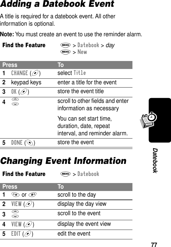 77DatebookAdding a Datebook EventA title is required for a datebook event. All other information is optional.Note: You must create an event to use the reminder alarm.Changing Event InformationFind the FeatureM&gt; Datebook &gt; dayM&gt; NewPress To1CHANGE (+)select Title2keypad keys  enter a title for the event3OK (+)store the event title4S scroll to other ﬁelds and enter information as necessaryYou can set start time, duration, date, repeat interval, and reminder alarm.5DONE (-)store the eventFind the FeatureM&gt; DatebookPress To1* or #scroll to the day2VIEW (+)display the day view3S scroll to the event4VIEW (+)display the event view5EDIT (+)edit the event