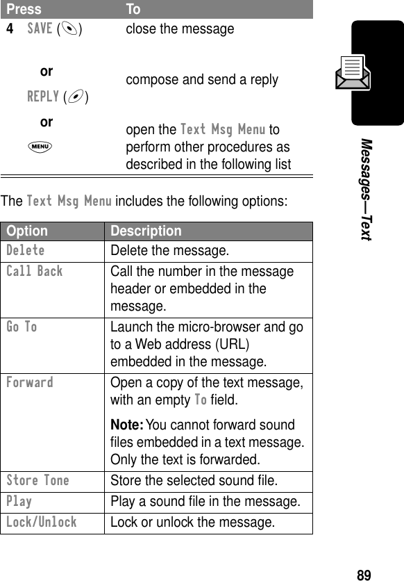 89Messages—TextThe Text Msg Menu includes the following options:4SAVE (-)orREPLY (+)orM close the messagecompose and send a replyopen the Text Msg Menu to perform other procedures as described in the following listOption DescriptionDelete  Delete the message.Call Back  Call the number in the message header or embedded in the message.Go To  Launch the micro-browser and go to a Web address (URL) embedded in the message.Forward  Open a copy of the text message, with an empty To ﬁeld.Note: You cannot forward sound ﬁles embedded in a text message. Only the text is forwarded.Store Tone  Store the selected sound ﬁle.Play  Play a sound ﬁle in the message.Lock/Unlock  Lock or unlock the message.Press To