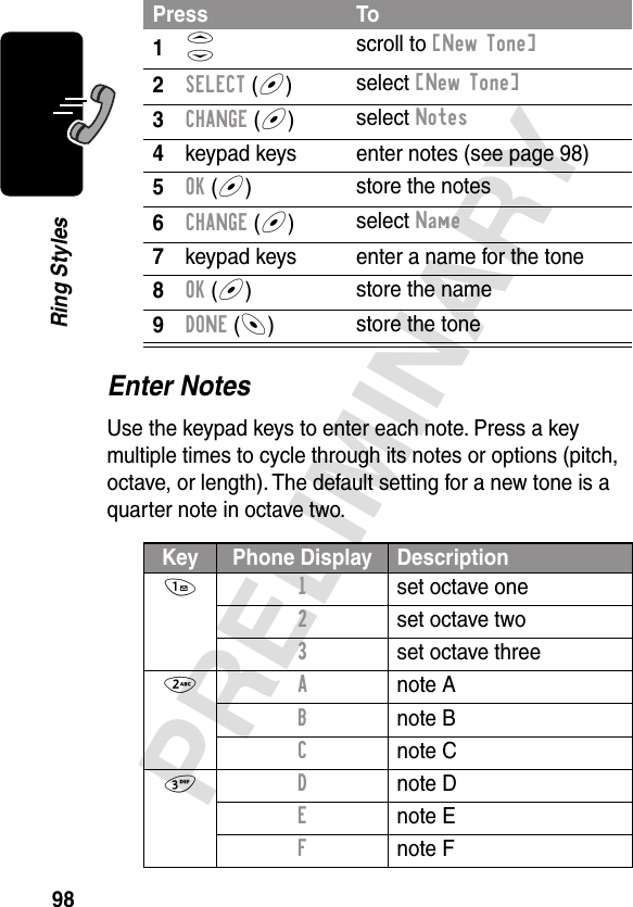 98PRELIMINARYRing StylesEnter NotesUse the keypad keys to enter each note. Press a key multiple times to cycle through its notes or options (pitch, octave, or length). The default setting for a new tone is a quarter note in octave two.Press To1S scroll to [New Tone]2SELECT (+)select [New Tone]3CHANGE (+)select Notes4keypad keys enter notes (see page 98)5OK (+)store the notes6CHANGE (+)select Name7keypad keys enter a name for the tone8OK (+)store the name9DONE (-)store the toneKey Phone Display Description1 1  set octave one2  set octave two3  set octave three2 A note AB note BC note C3 D note DE note EF note F