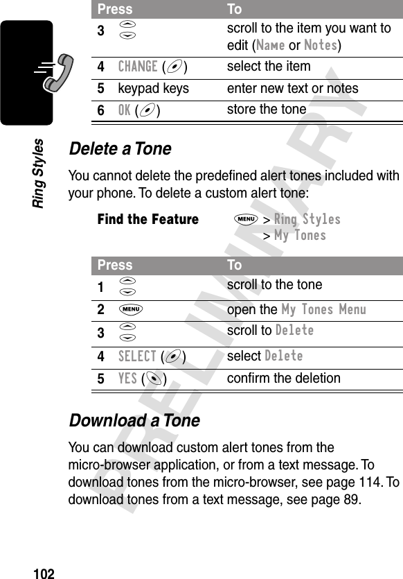 102PRELIMINARYRing StylesDelete a ToneYou cannot delete the predeﬁned alert tones included with your phone. To delete a custom alert tone:Download a ToneYou can download custom alert tones from the micro-browser application, or from a text message. To download tones from the micro-browser, see page 114. To download tones from a text message, see page 89.3S scroll to the item you want to edit (Name or Notes)4CHANGE (+)select the item5keypad keys enter new text or notes6OK (+)store the toneFind the FeatureM&gt; Ring Styles &gt; My TonesPress To1S scroll to the tone2M open the My Tones Menu3S scroll to Delete4SELECT (+)select Delete5YES (-)conﬁrm the deletionPress To