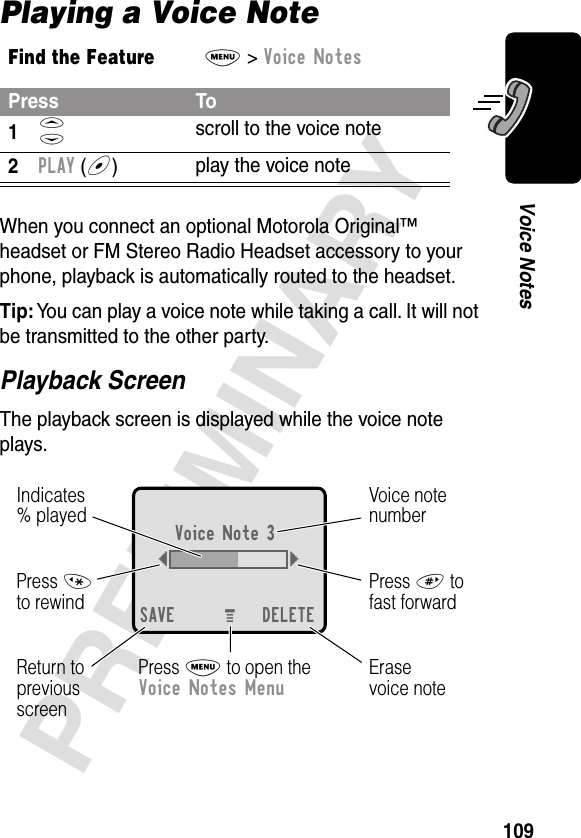 109PRELIMINARYVoice NotesPlaying a Voice NoteWhen you connect an optional Motorola Original™ headset or FM Stereo Radio Headset accessory to your phone, playback is automatically routed to the headset.Tip: You can play a voice note while taking a call. It will not be transmitted to the other party.Playback ScreenThe playback screen is displayed while the voice note plays.Find the FeatureM&gt; Voice NotesPress To1S scroll to the voice note2PLAY (+)play the voice noteErasevoice noteReturn toprevious screenVoice notenumberPress # tofast forwardPress *to rewindVoice Note 3{}SAVE DELETEIndicates% playedPress M to open theVoice Notes MenuM 