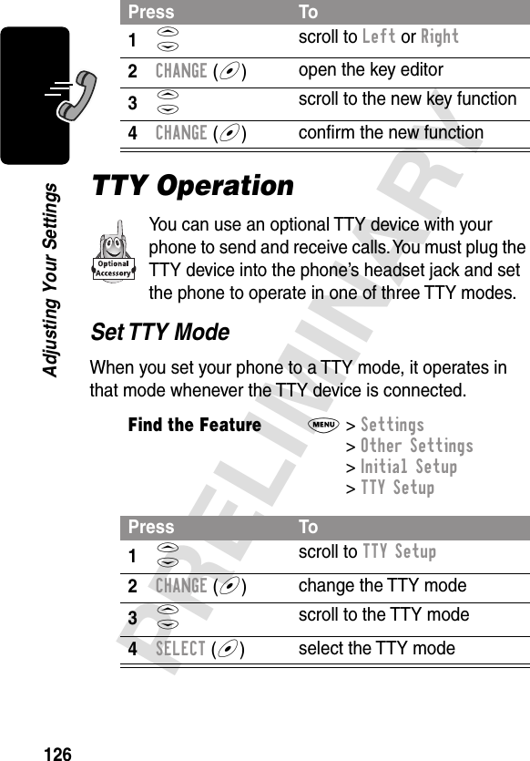 126PRELIMINARYAdjusting Your SettingsTTY OperationYou can use an optional TTY device with your phone to send and receive calls. You must plug the TTY device into the phone’s headset jack and set the phone to operate in one of three TTY modes.Set TTY ModeWhen you set your phone to a TTY mode, it operates in that mode whenever the TTY device is connected.Press To1S scroll to Left or Right2CHANGE (+)open the key editor3S scroll to the new key function4CHANGE (+)conﬁrm the new functionFind the FeatureM&gt; Settings &gt; Other Settings &gt; Initial Setup &gt; TTY SetupPress To1S scroll to TTY Setup2CHANGE (+)change the TTY mode3S scroll to the TTY mode4SELECT (+)select the TTY mode