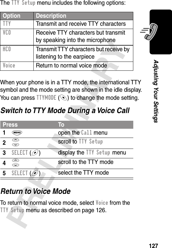 127PRELIMINARYAdjusting Your SettingsThe TTY Setup menu includes the following options:When your phone is in a TTY mode, the international TTY symbol and the mode setting are shown in the idle display. You can press TTYMODE (-) to change the mode setting.Switch to TTY Mode During a Voice CallReturn to Voice ModeTo return to normal voice mode, select Voice from the TTY Setup menu as described on page 126.Option DescriptionTTY  Transmit and receive TTY charactersVCO  Receive TTY characters but transmit by speaking into the microphoneHCO  Transmit TTY characters but receive by listening to the earpieceVoice  Return to normal voice modePress To1M open the Call menu2S scroll to TTY Setup3SELECT (+)display the TTY Setup menu4S scroll to the TTY mode5SELECT (+)select the TTY mode