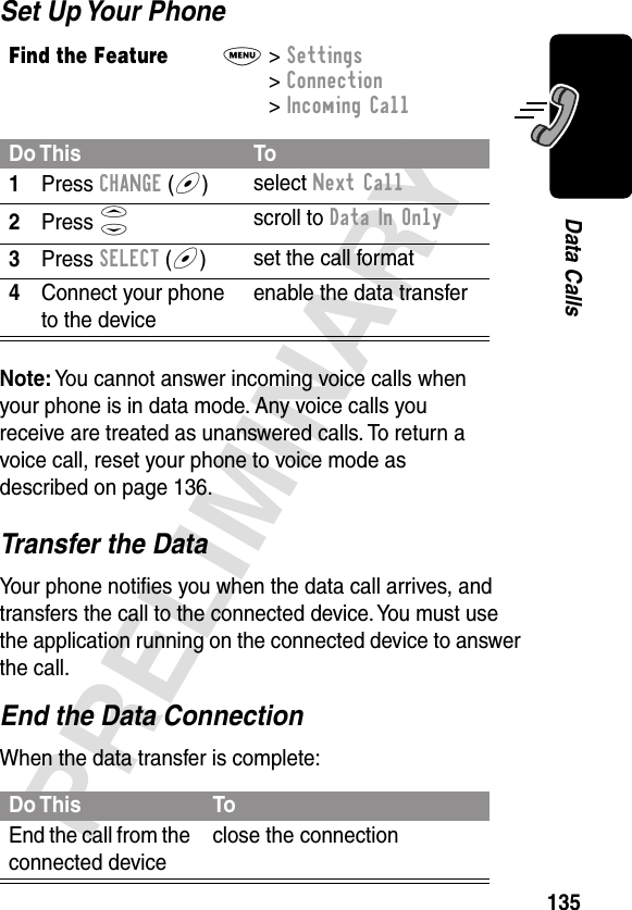 135PRELIMINARYData CallsSet Up Your PhoneTransfer the DataYour phone notiﬁes you when the data call arrives, and transfers the call to the connected device. You must use the application running on the connected device to answer the call.End the Data ConnectionWhen the data transfer is complete:Find the FeatureM&gt; Settings &gt; Connection &gt; Incoming CallDo This To1Press CHANGE (+)select Next Call2Press Sscroll to Data In Only3Press SELECT (+)set the call format4Connect your phone to the deviceenable the data transferNote: You cannot answer incoming voice calls when your phone is in data mode. Any voice calls you receive are treated as unanswered calls. To return a voice call, reset your phone to voice mode as described on page 136.Do This ToEnd the call from the connected deviceclose the connection