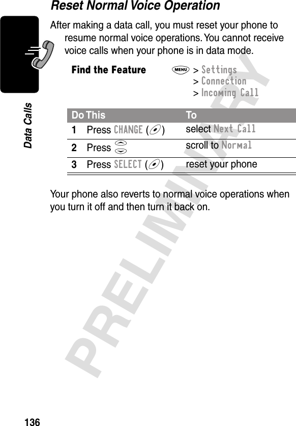 136PRELIMINARYData CallsReset Normal Voice OperationAfter making a data call, you must reset your phone to resume normal voice operations. You cannot receive voice calls when your phone is in data mode.Your phone also reverts to normal voice operations when you turn it off and then turn it back on.Find the FeatureM&gt; Settings &gt; Connection &gt; Incoming CallDo This To1Press CHANGE (+)select Next Call2Press Sscroll to Normal3Press SELECT (+)reset your phone