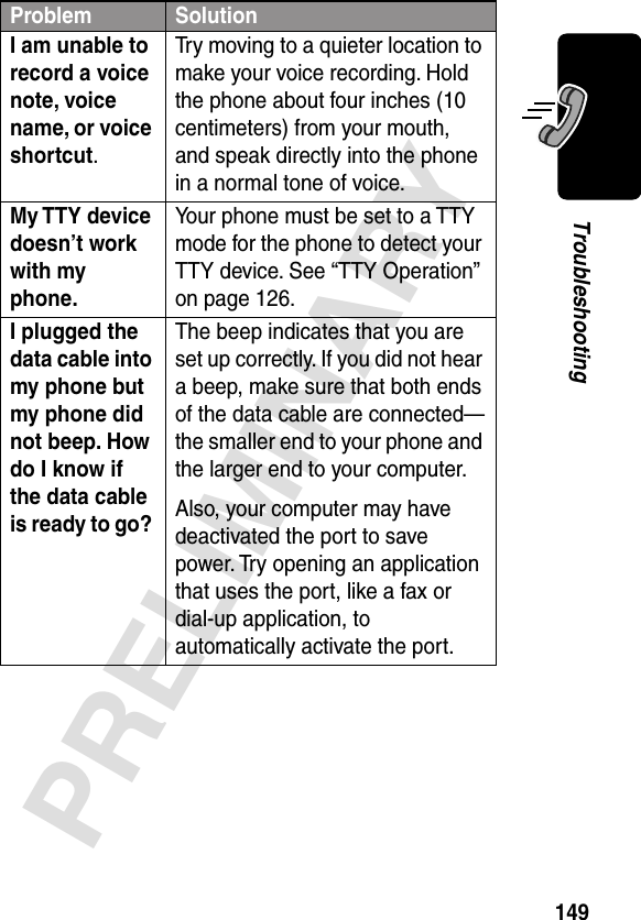 149PRELIMINARYTroubleshootingI am unable to record a voice note, voice name, or voice shortcut. Try moving to a quieter location to make your voice recording. Hold the phone about four inches (10 centimeters) from your mouth, and speak directly into the phone in a normal tone of voice.My TTY device doesn’t work with my phone. Your phone must be set to a TTY mode for the phone to detect your TTY device. See “TTY Operation” on page 126.I plugged the data cable into my phone but my phone did not beep. How do I know if the data cable is ready to go? The beep indicates that you are set up correctly. If you did not hear a beep, make sure that both ends of the data cable are connected—the smaller end to your phone and the larger end to your computer. Also, your computer may have deactivated the port to save power. Try opening an application that uses the port, like a fax or dial-up application, to automatically activate the port.Problem Solution