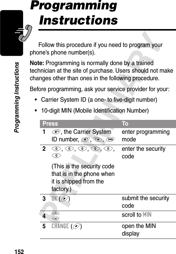 152PRELIMINARYProgramming InstructionsProgramming InstructionsFollow this procedure if you need to program your phone’s phone number(s).Note: Programming is normally done by a trained technician at the site of purchase. Users should not make changes other than ones in the following procedure.Before programming, ask your service provider for your:•Carrier System ID (a one- to ﬁve-digit number)•10-digit MIN (Mobile Identiﬁcation Number)Press To1#, the Carrier System ID number, #, *, Nenter programming mode20, 0, 0, 0, 0, 0(This is the security code that is in the phone when it is shipped from the factory.)enter the security code3OK (+)submit the security code4S scroll to MIN5CHANGE (+)open the MIN display