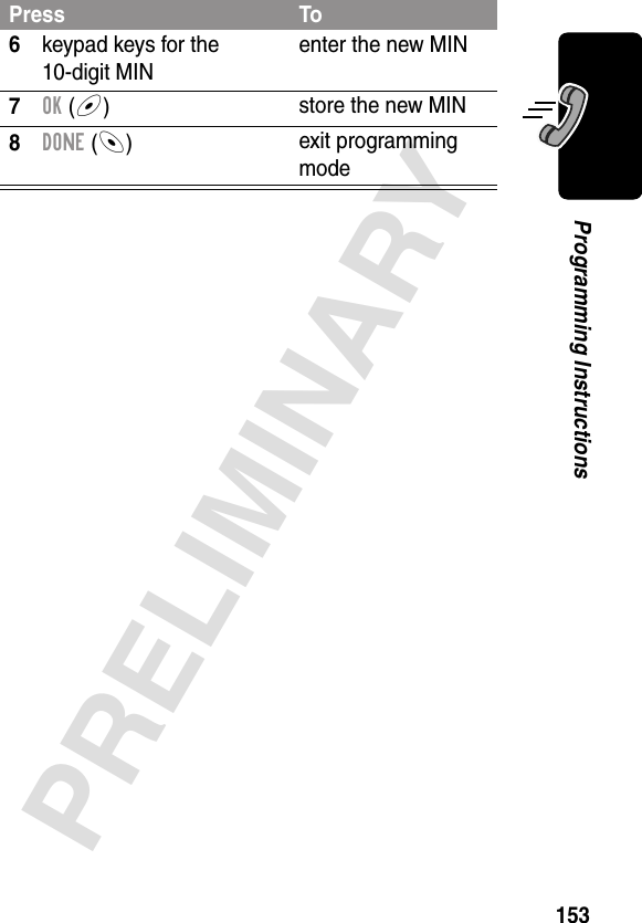 153PRELIMINARYProgramming Instructions6keypad keys for the 10-digit MINenter the new MIN7OK (+)store the new MIN8DONE (-)exit programming modePress To