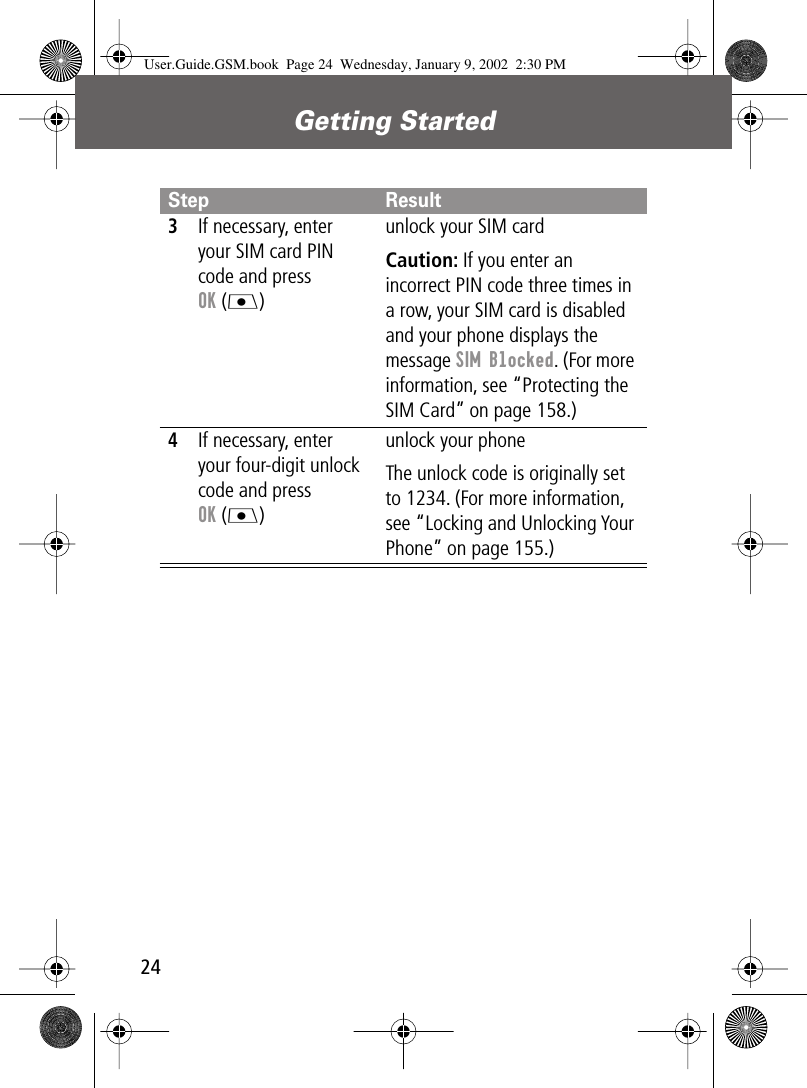 Getting Started243If necessary, enter your SIM card PIN code and press OK (J)unlock your SIM cardCaution: If you enter an incorrect PIN code three times in a row, your SIM card is disabled and your phone displays the message SIM Blocked. (For more information, see “Protecting the SIM Card” on page 158.)4If necessary, enter your four-digit unlock code and press OK (J)unlock your phoneThe unlock code is originally set to 1234. (For more information, see “Locking and Unlocking Your Phone” on page 155.)Step ResultUser.Guide.GSM.book  Page 24  Wednesday, January 9, 2002  2:30 PM