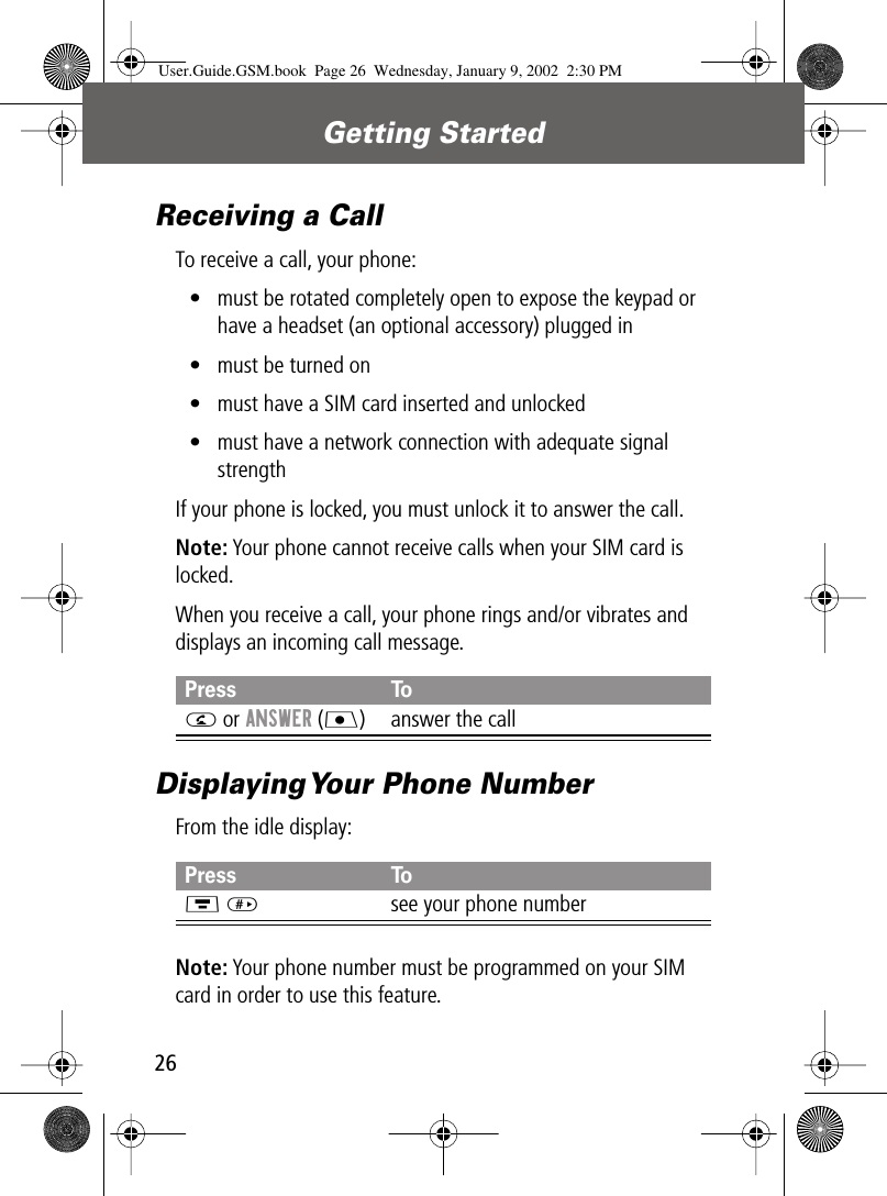 Getting Started26Receiving a CallTo receive a call, your phone:• must be rotated completely open to expose the keypad or have a headset (an optional accessory) plugged in• must be turned on• must have a SIM card inserted and unlocked• must have a network connection with adequate signal strengthIf your phone is locked, you must unlock it to answer the call.Note: Your phone cannot receive calls when your SIM card is locked.When you receive a call, your phone rings and/or vibrates and displays an incoming call message.Displaying Your Phone NumberFrom the idle display:Note: Your phone number must be programmed on your SIM card in order to use this feature.Press ToN or ANSWER (J) answer the callPress ToM #see your phone numberUser.Guide.GSM.book  Page 26  Wednesday, January 9, 2002  2:30 PM