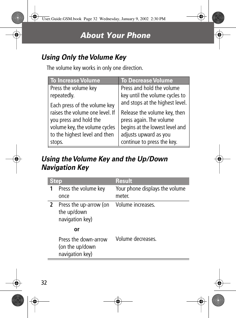 About Your Phone32Using Only the Volume KeyThe volume key works in only one direction.Using the Volume Key and the Up/Down Navigation KeyTo Increase Volume To Decrease VolumePress the volume key repeatedly.Each press of the volume key raises the volume one level. If you press and hold the volume key, the volume cycles to the highest level and then stops.Press and hold the volume key until the volume cycles to and stops at the highest level.Release the volume key, then press again. The volume begins at the lowest level and adjusts upward as you continue to press the key.Step Result1Press the volume key onceYour phone displays the volume meter.2Press the up-arrow (on the up/down navigation key)orPress the down-arrow (on the up/down navigation key)Volume increases.Volume decreases.User.Guide.GSM.book  Page 32  Wednesday, January 9, 2002  2:30 PM