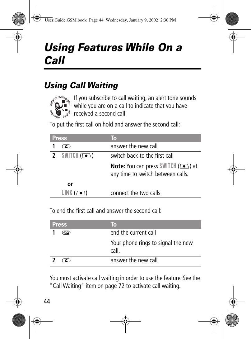 44Using Features While On a CallUsing Call WaitingIf you subscribe to call waiting, an alert tone sounds while you are on a call to indicate that you have received a second call.To put the ﬁrst call on hold and answer the second call:To end the ﬁrst call and answer the second call:You must activate call waiting in order to use the feature. See the “Call Waiting” item on page 72 to activate call waiting.Press To1N  answer the new call2SWITCH (J)orLINK (L)switch back to the ﬁrst callNote: You can press SWITCH (J) at any time to switch between calls.connect the two callsPress To1O  end the current callYour phone rings to signal the new call.2N  answer the new callUser.Guide.GSM.book  Page 44  Wednesday, January 9, 2002  2:30 PM