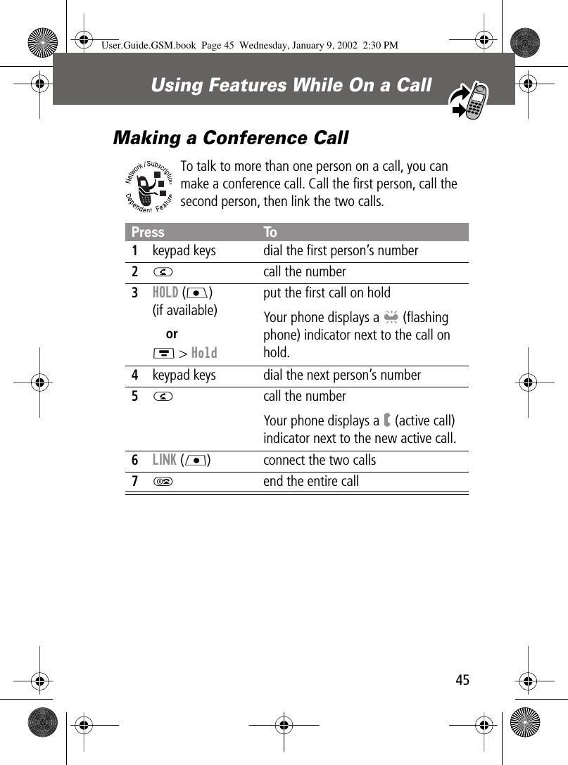 45Using Features While On a Call Making a Conference CallTo talk to more than one person on a call, you can make a conference call. Call the ﬁrst person, call the second person, then link the two calls.Press To1keypad keys dial the ﬁrst person’s number2N  call the number3HOLD (J)(if available)orM &gt; Holdput the ﬁrst call on holdYour phone displays a l (ﬂashing phone) indicator next to the call on hold.4keypad keys dial the next person’s number5N  call the numberYour phone displays a W (active call) indicator next to the new active call.6LINK (L) connect the two calls7O  end the entire callUser.Guide.GSM.book  Page 45  Wednesday, January 9, 2002  2:30 PM