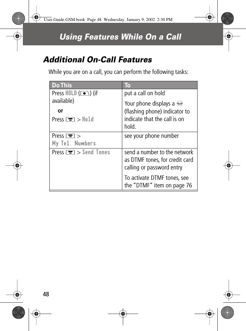 Using Features While On a Call48Additional On-Call FeaturesWhile you are on a call, you can perform the following tasks:Do This ToPress HOLD (J) (if available)orPress M &gt; Holdput a call on holdYour phone displays a l (ﬂashing phone) indicator to indicate that the call is on hold.Press M &gt; My Tel. Numberssee your phone numberPress M &gt; Send Tones send a number to the network as DTMF tones, for credit card calling or password entryTo activate DTMF tones, see the “DTMF” item on page 76User.Guide.GSM.book  Page 48  Wednesday, January 9, 2002  2:30 PM