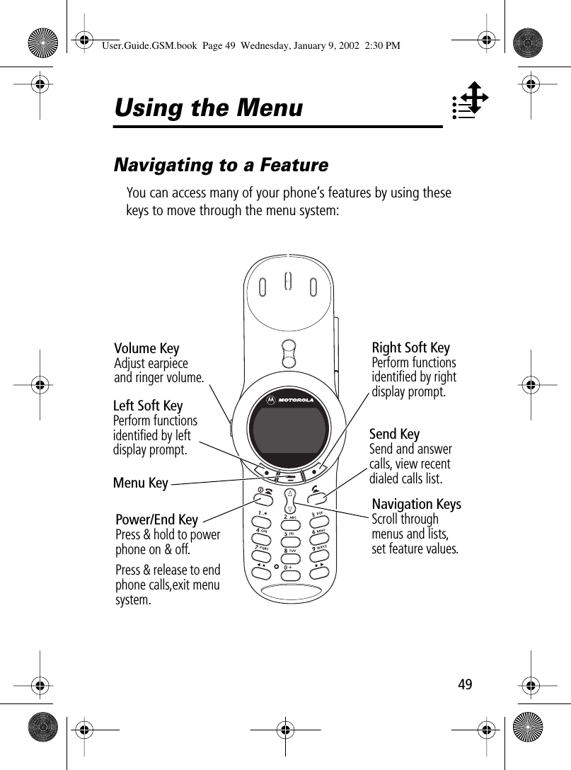 49Using the MenuNavigating to a FeatureYou can access many of your phone’s features by using these keys to move through the menu system:Volume KeyAdjust earpieceand ringer volume.Right Soft KeyPerform functions identiﬁed by right display prompt.Menu KeyPower/End KeyPress &amp; hold to power phone on &amp; off.Press &amp; release to end phone calls,exit menu system.Send KeySend and answer calls, view recent dialed calls list.Navigation KeysScroll throughmenus and lists,set feature values.Left Soft KeyPerform functions identiﬁed by left display prompt.User.Guide.GSM.book  Page 49  Wednesday, January 9, 2002  2:30 PM