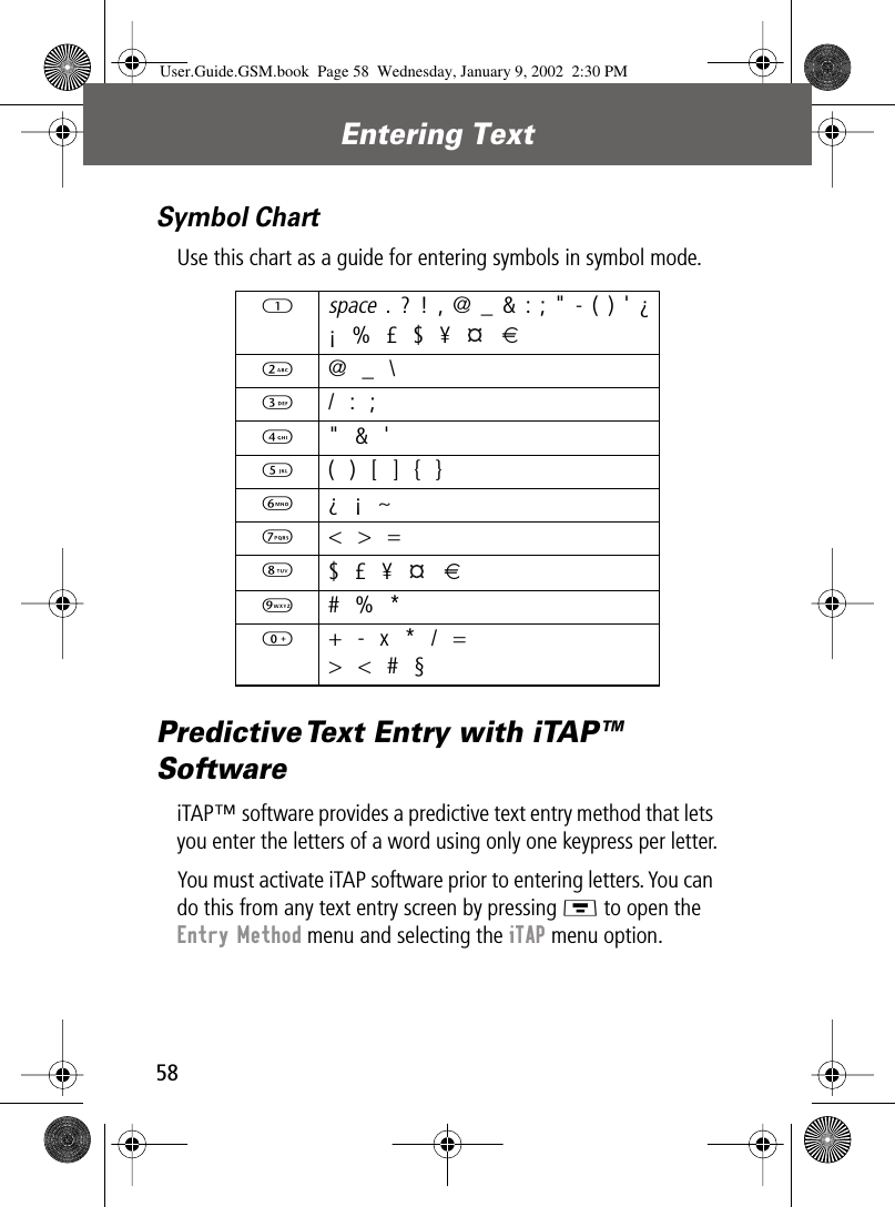 Entering Text58Symbol ChartUse this chart as a guide for entering symbols in symbol mode.Predictive Text Entry with iTAP™ SoftwareiTAP™ software provides a predictive text entry method that lets you enter the letters of a word using only one keypress per letter.You must activate iTAP software prior to entering letters. You can do this from any text entry screen by pressing M to open the Entry Method menu and selecting the iTAP menu option.1 space . ? ! , @ _ &amp; : ; &quot; - ( ) &apos; ¿¡ % £ $ ¥   €2  @ _ \3  / : ;4  &quot; &amp; &apos;5  ( ) [ ] { }6  ¿ ¡ ~7  &lt; &gt; =8 $ £ ¥   €9  # % *0  + - x * / =&gt; &lt; # §User.Guide.GSM.book  Page 58  Wednesday, January 9, 2002  2:30 PM