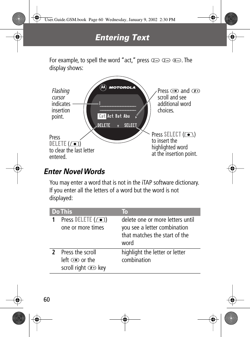 Entering Text60For example, to spell the word “act,” press 2 2 8. The display shows:Enter Novel WordsYou may enter a word that is not in the iTAP software dictionary. If you enter all the letters of a word but the word is not displayed:Do This To1Press DELETE (L) one or more timesdelete one or more letters until you see a letter combination that matches the start of the word2Press the scroll left * or the scroll right # keyhighlight the letter or letter combinationPress SELECT (J) to insert the highlighted wordat the insertion point.Press DELETE (L)to clear the last letterentered.Flashingcursorindicatesinsertionpoint.Press * and # scroll and seeadditional wordchoices.Cat Act Bat Abu  ____________________________ DELETE    M |  SELECT} User.Guide.GSM.book  Page 60  Wednesday, January 9, 2002  2:30 PM