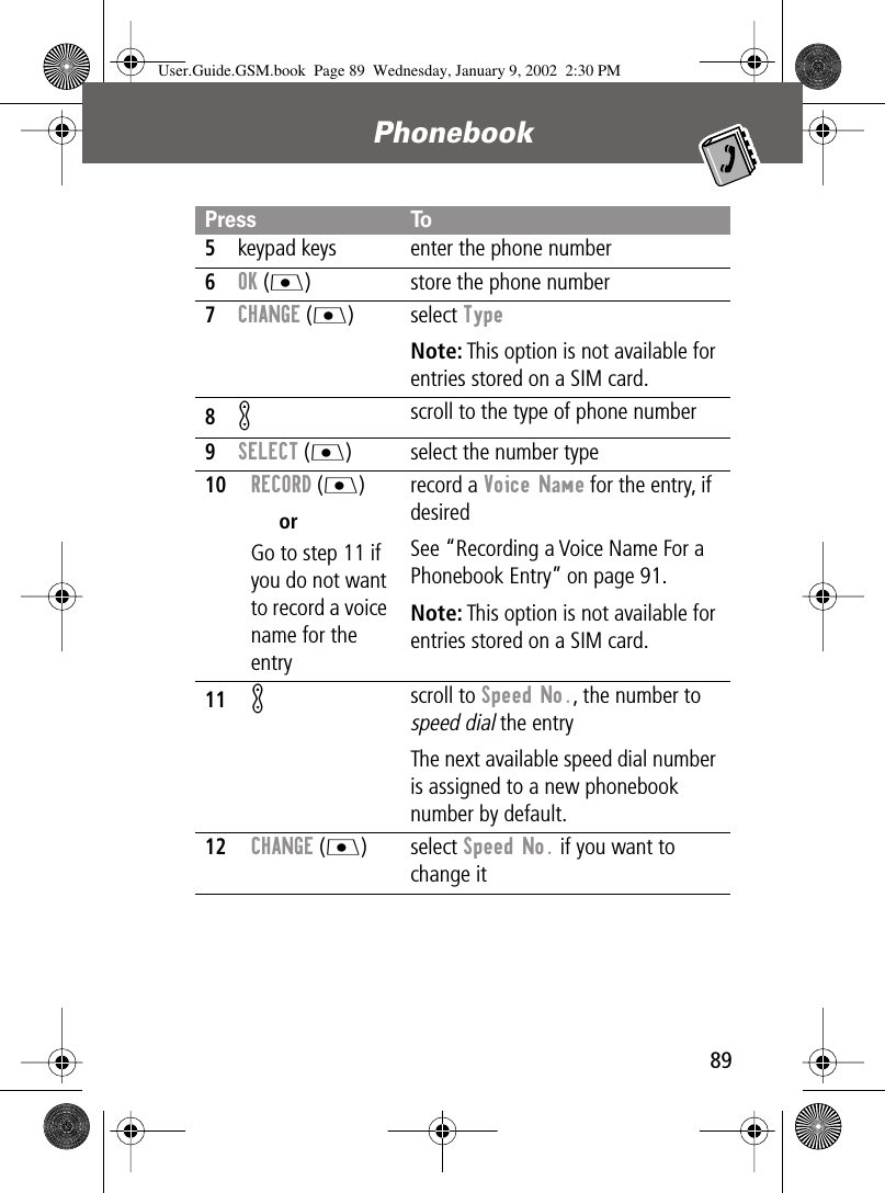 89Phonebook 5keypad keys enter the phone number6OK (J) store the phone number7CHANGE (J) select TypeNote: This option is not available for entries stored on a SIM card.8K scroll to the type of phone number9SELECT (J) select the number type10RECORD (J)orGo to step 11 if you do not want to record a voice name for the entryrecord a Voice Name for the entry, if desiredSee “Recording a Voice Name For a Phonebook Entry” on page 91.Note: This option is not available for entries stored on a SIM card.11K scroll to Speed No., the number to speed dial the entryThe next available speed dial number is assigned to a new phonebook number by default.12CHANGE (J) select Speed No. if you want to change itPress ToUser.Guide.GSM.book  Page 89  Wednesday, January 9, 2002  2:30 PM