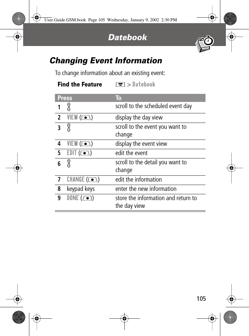 105Datebook Changing Event InformationTo change information about an existing event:Find the FeatureM &gt; DatebookPress To1K scroll to the scheduled event day2VIEW (J) display the day view3K scroll to the event you want to change4VIEW (J) display the event view5EDIT (J) edit the event6Kscroll to the detail you want to change7CHANGE (J) edit the information8keypad keys enter the new information9DONE (L) store the information and return to the day viewUser.Guide.GSM.book  Page 105  Wednesday, January 9, 2002  2:30 PM