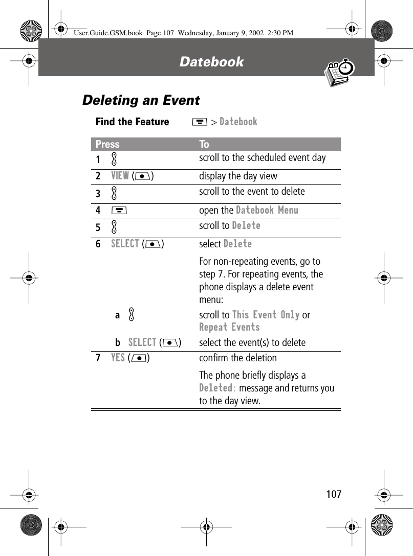 107Datebook Deleting an EventFind the FeatureM &gt; DatebookPress To1Kscroll to the scheduled event day2VIEW (J) display the day view3K scroll to the event to delete4M open the Datebook Menu5K scroll to Delete6SELECT (J) select DeleteFor non-repeating events, go to step 7. For repeating events, the phone displays a delete event menu:aK scroll to This Event Only or Repeat EventsbSELECT (J) select the event(s) to delete7YES (L) conﬁrm the deletionThe phone brieﬂy displays a Deleted: message and returns you to the day view.User.Guide.GSM.book  Page 107  Wednesday, January 9, 2002  2:30 PM